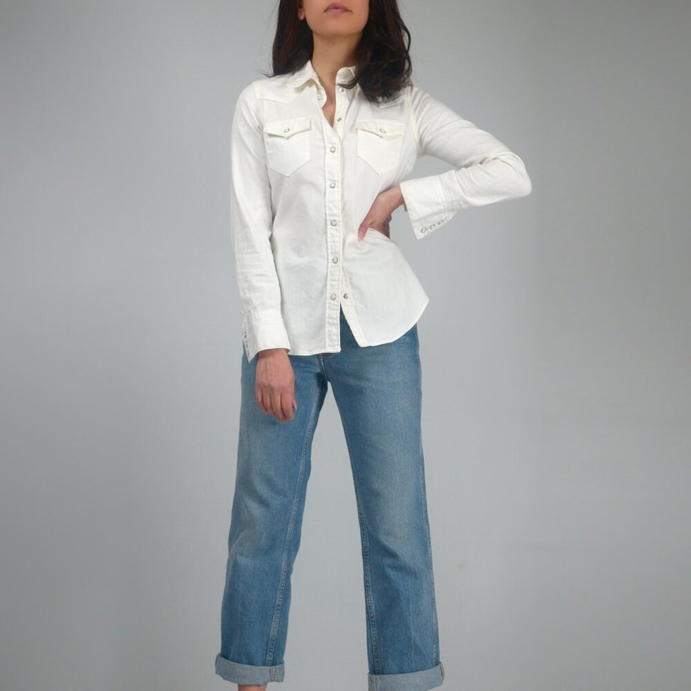 Levi's White Western Denim Button Up, 100% Cotton Slim Fit Pearl Snap Shirt, XS